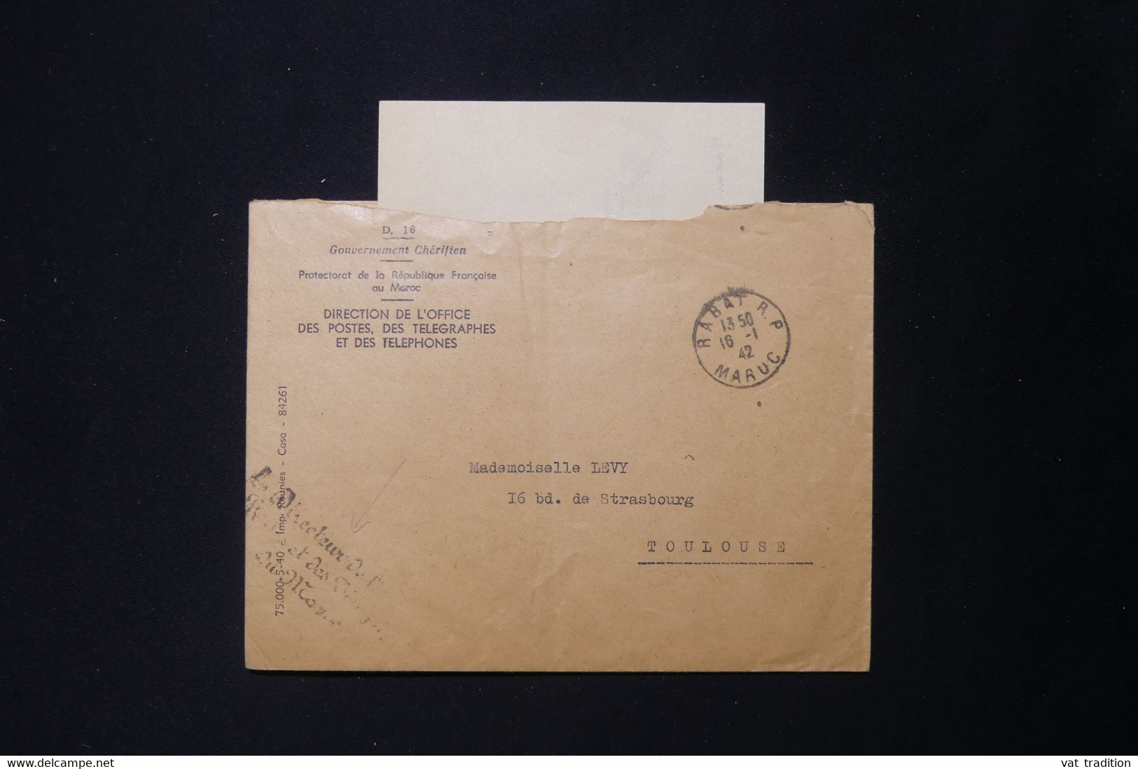 MAROC - Enveloppe Des PTT Du Gouvernement Chérifien - De Rabat Pour Toulouse Avec Contenu - 1942 - L 84105 - Cartas & Documentos