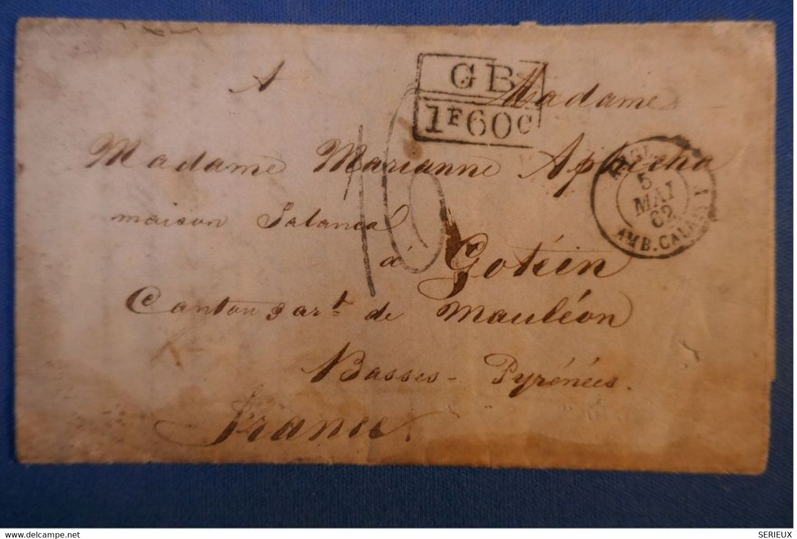 F2 ARGENTINE PAR GB LETTRE 1862  A GOTEIN ? FRANCE +GRIFFE + TAXE MANUSCRITE 16 + 1F60 GB + CACHETS LONDON ET AMBULANT - Buenos Aires (1858-1864)