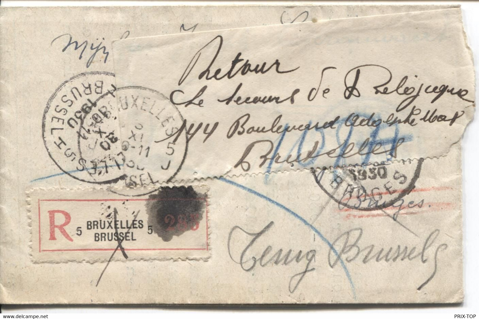 REF2969/ TP 257 Albert Houyoux-283 S/Recommandé Non Ouvert C.BXL 1930 > Bruges-Brugge Papillon Retour BXL - Cartas & Documentos