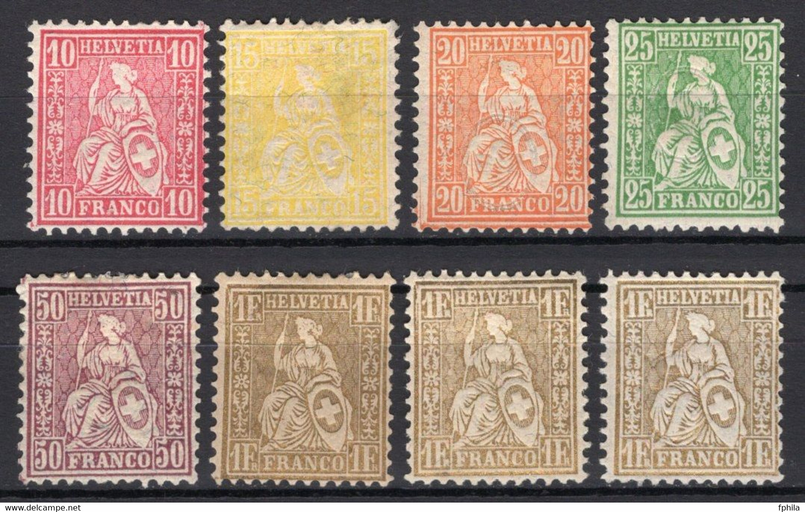 1867 - 1881 SWITZERLAND SITTED HELVETIA DEFINITIVES 8x Stamps MH * - Nuovi