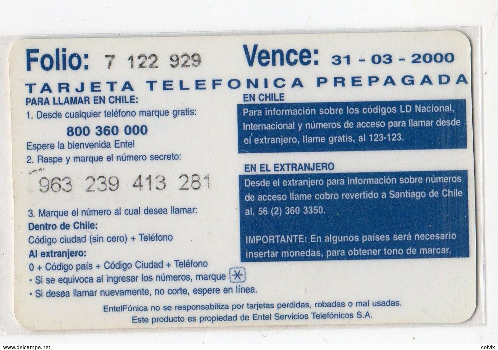 CHILI  Recharge ENTEL TICKET 1000$ DATE 2000 - Chili