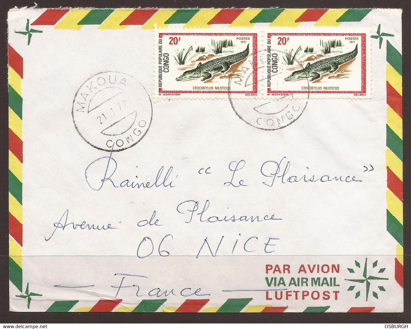 CONGO. 1972. AIR MAIL COVER. CROCODILES. MAKOUA POSTMARK. ADDRESSED TO FRANCE. - Andere & Zonder Classificatie