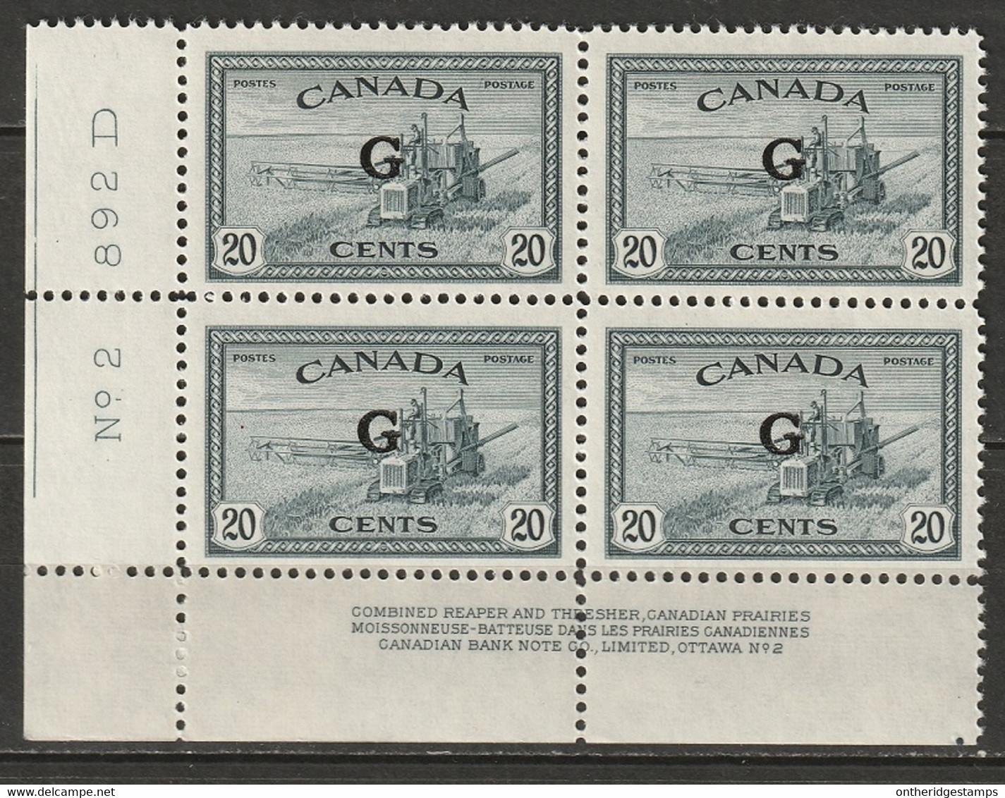 Canada 1950 Sc O23  Official LL Plate 2 Block MNH** - Plattennummern & Inschriften