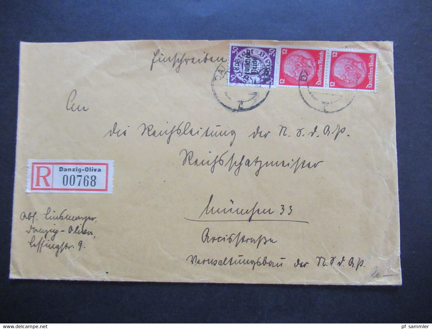 3.Reich 1940 Danzig Einschreiben Danzig Oliva 00768 An Die Reichsleitung Der NSDAP In München Mit 2 Ank. Stempel - Storia Postale