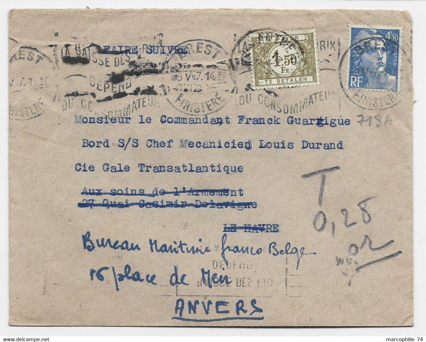 GANDON 4FR50 BLEU SEUL LETTRE BREST 9.V.1947 POUR LE HAVRE REEXPEDIEE EN BELGIQUE TAXE 1FR50 ANVERS - 1945-54 Marianne De Gandon