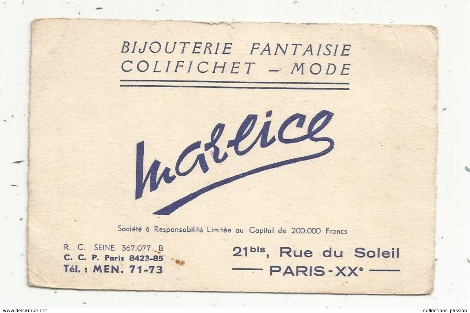 Carte De Visite , Bijouterie Fantaisie , Colifichet - Mode , MARLICE , Paris XX E - Visiting Cards