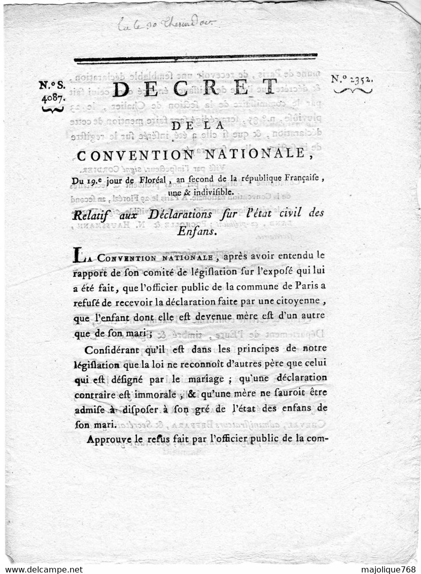 Décret De La Convention Nationale - Relatif Aux Déclarations Sur L'état Civil Des Enfants .Du 19.e Jour De Floréal, An 2 - Décrets & Lois