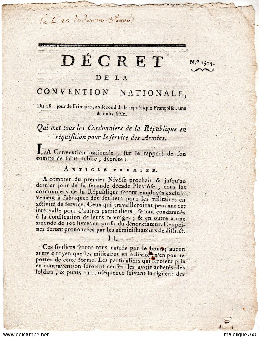 Decret De La Convention Nationale, Du 18 . Jour De Frimaire, L'an Second De La République Française, Une & Indivisible - - Décrets & Lois