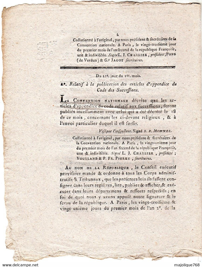 Decret De La Convention Nationale, Des 18.e,21.e & 28e Jours Du 1er Mois De L'an 2 De La République Française - Décrets & Lois