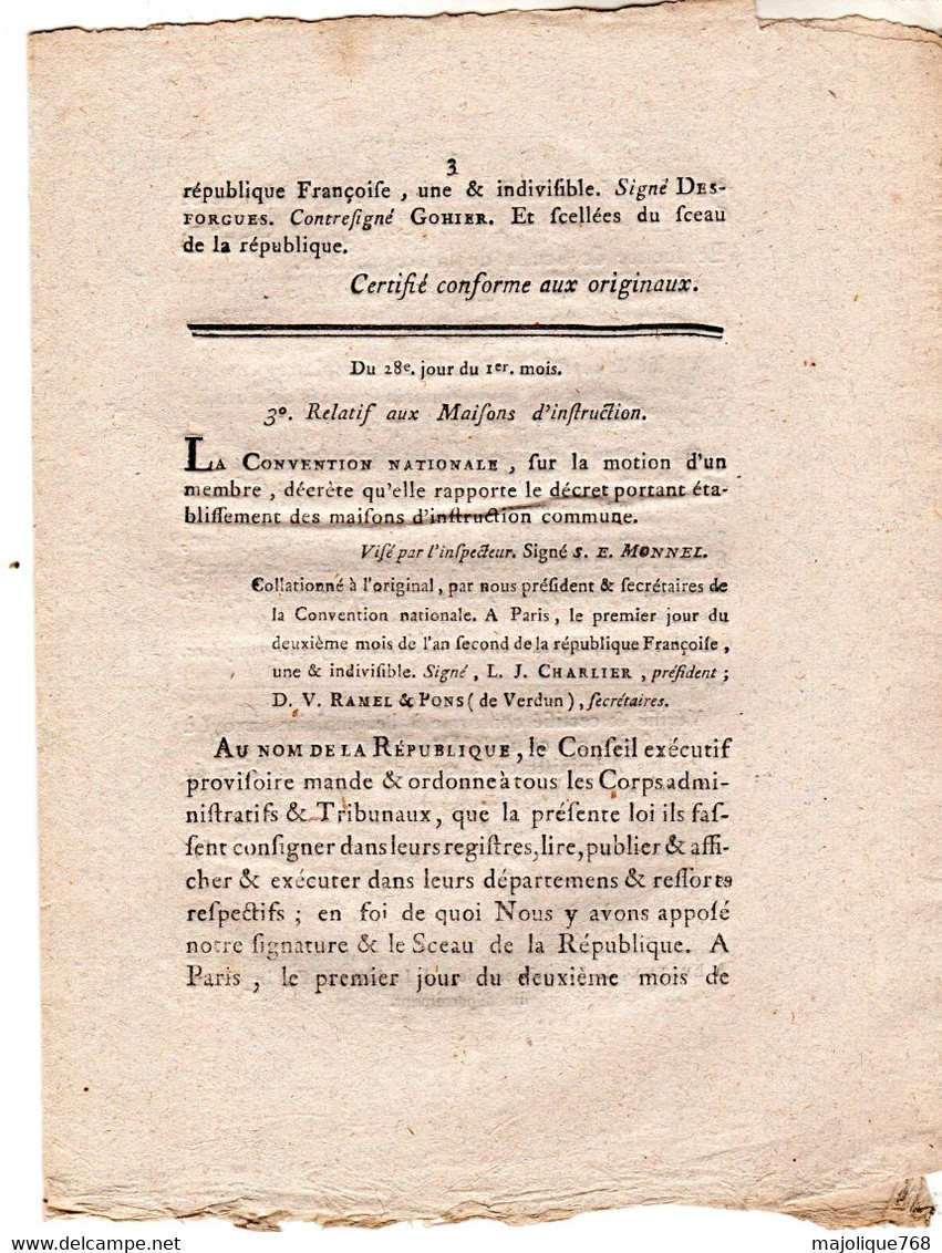 Decret De La Convention Nationale, Des 18.e,21.e & 28e Jours Du 1er Mois De L'an 2 De La République Française - Décrets & Lois