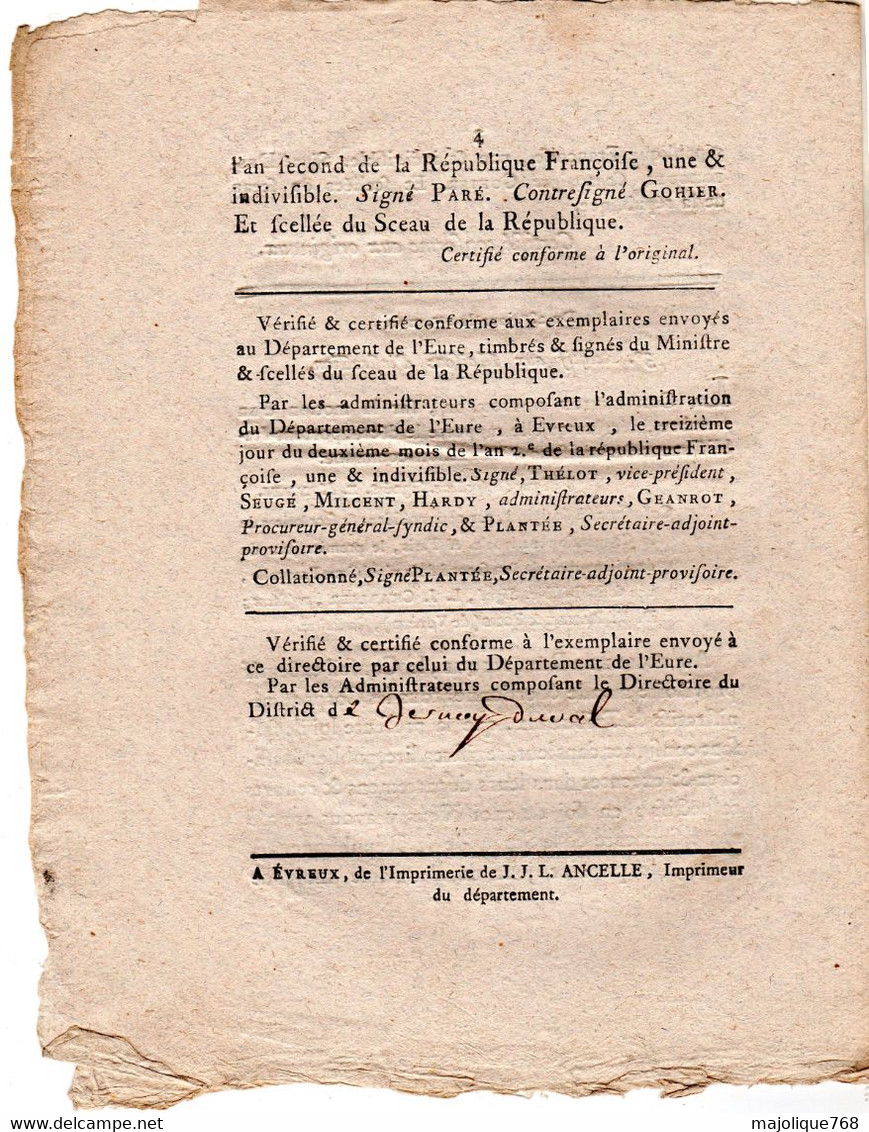 Decret De La Convention Nationale, Des 18.e,21.e & 28e Jours Du 1er Mois De L'an 2 De La République Française - Décrets & Lois