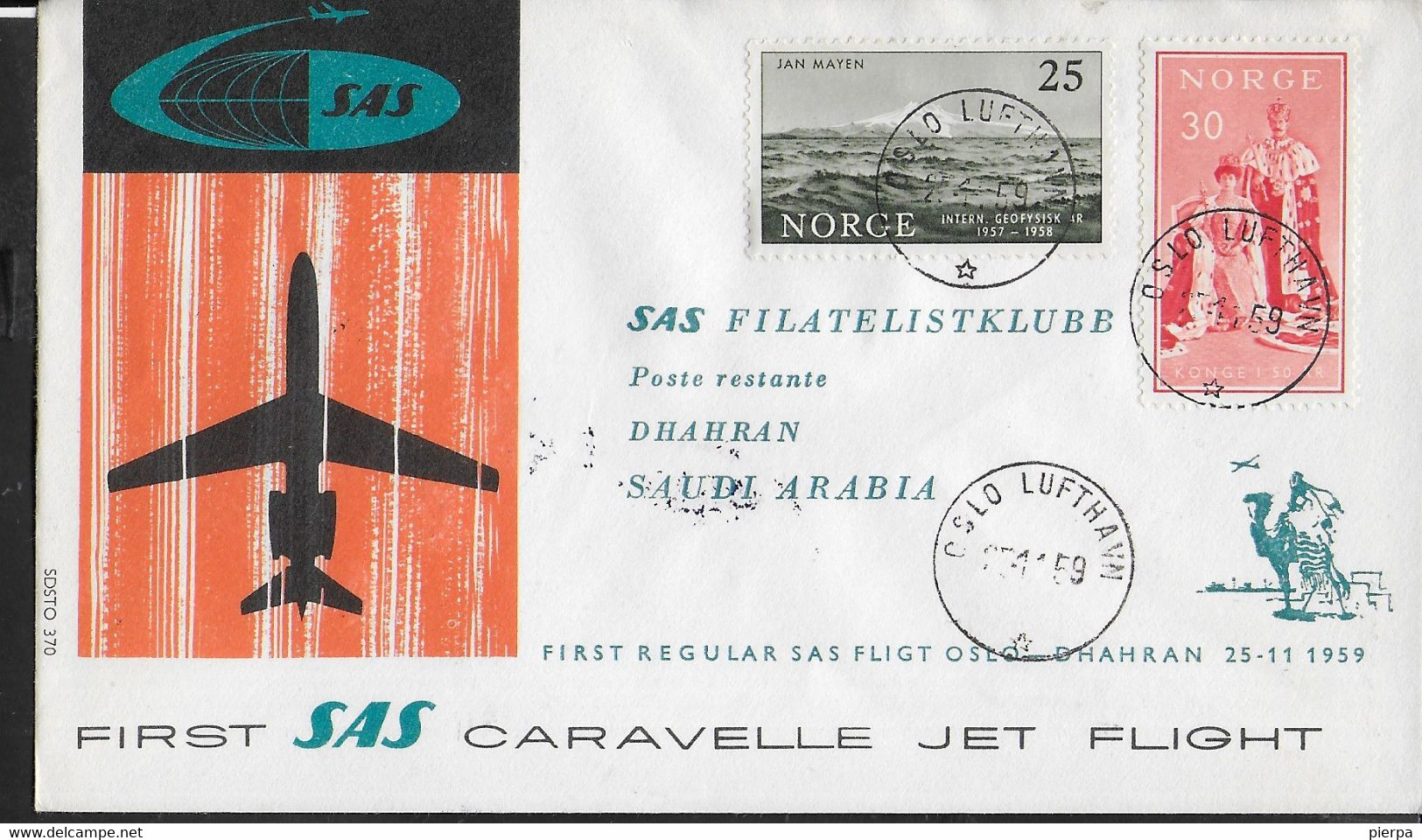 NORGE - PRIMO VOLO - FIRST FLIGHT SAS CARAVELLE OSLO-DHARAN (ARABIA SAUDITA) - 25.11.1959 SU BUSTA UFFICIALE - Storia Postale