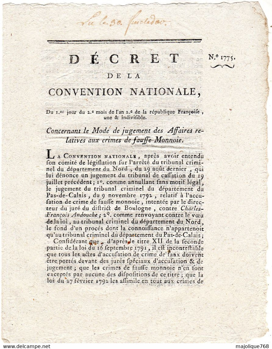 Decret De La Convention Nationale, Du 1er Jour Du 2e Mois De L'an 2 De La République Française Une & Indivisible . - Décrets & Lois