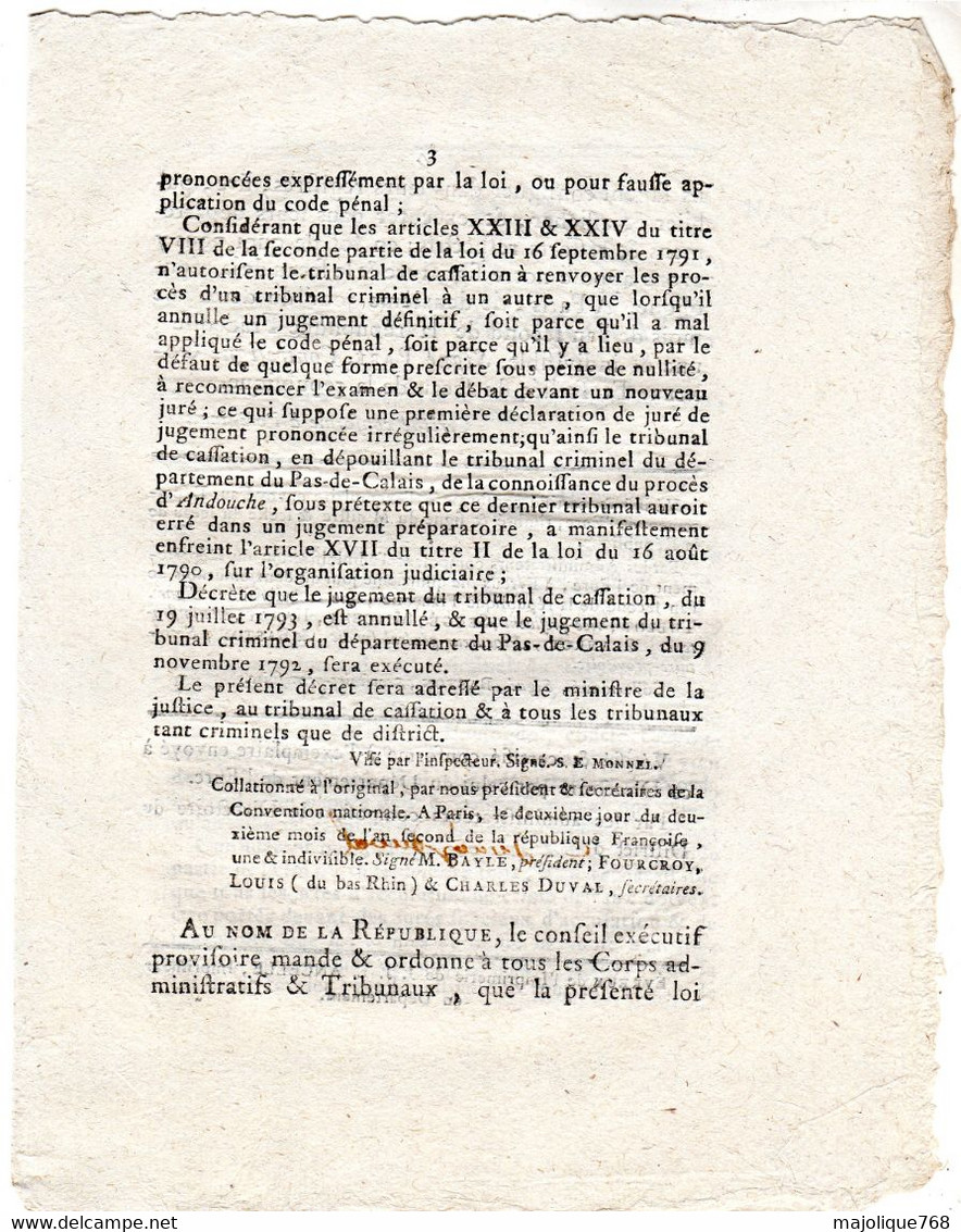 Decret De La Convention Nationale, Du 1er Jour Du 2e Mois De L'an 2 De La République Française Une & Indivisible . - Décrets & Lois