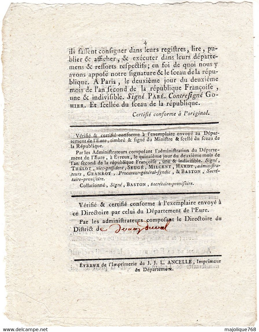 Decret De La Convention Nationale, Du 1er Jour Du 2e Mois De L'an 2 De La République Française Une & Indivisible . - Décrets & Lois