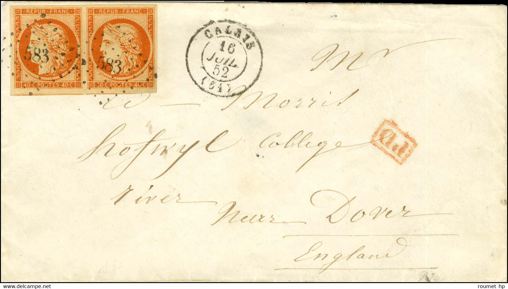 PC 583 / N° 5 Belle Nuance (paire, 1 Ex. Réparé) Càd T 15 CALAIS (61) Sur Lettre Pour L’Angleterre. 1852. - TB. - 1849-1850 Ceres