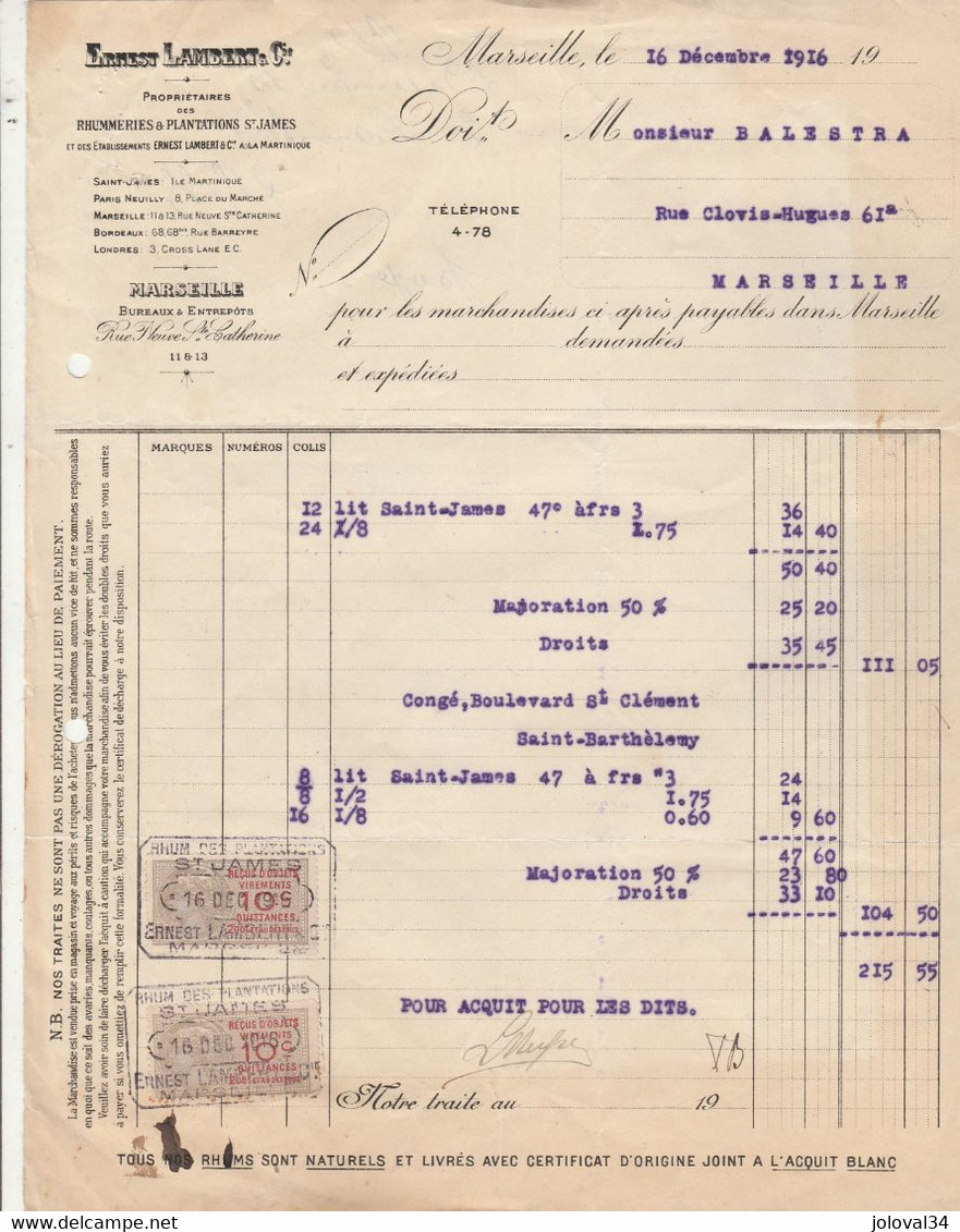 Facture 16/12/1916 ERNEST LAMBERT Rhum Des Plantations ST JAMES MARSEILLE Bouches Du Rhône - Timbre Fiscal - 1900 – 1949