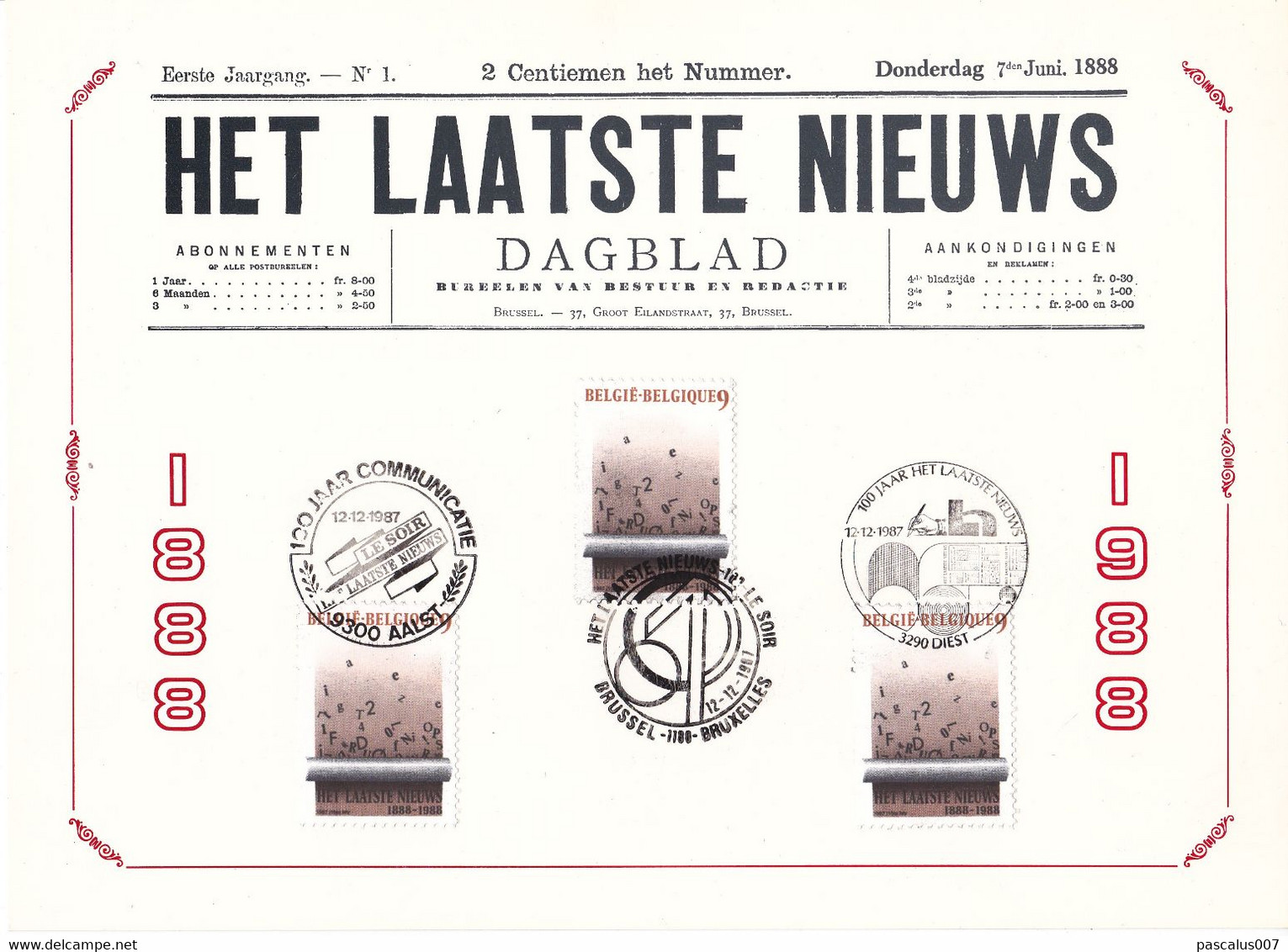 B01-258 2271 FDC Journal Het Laatste Nieuws 3 Cachets 1er Jour 12-12-1987 - 1981-1990