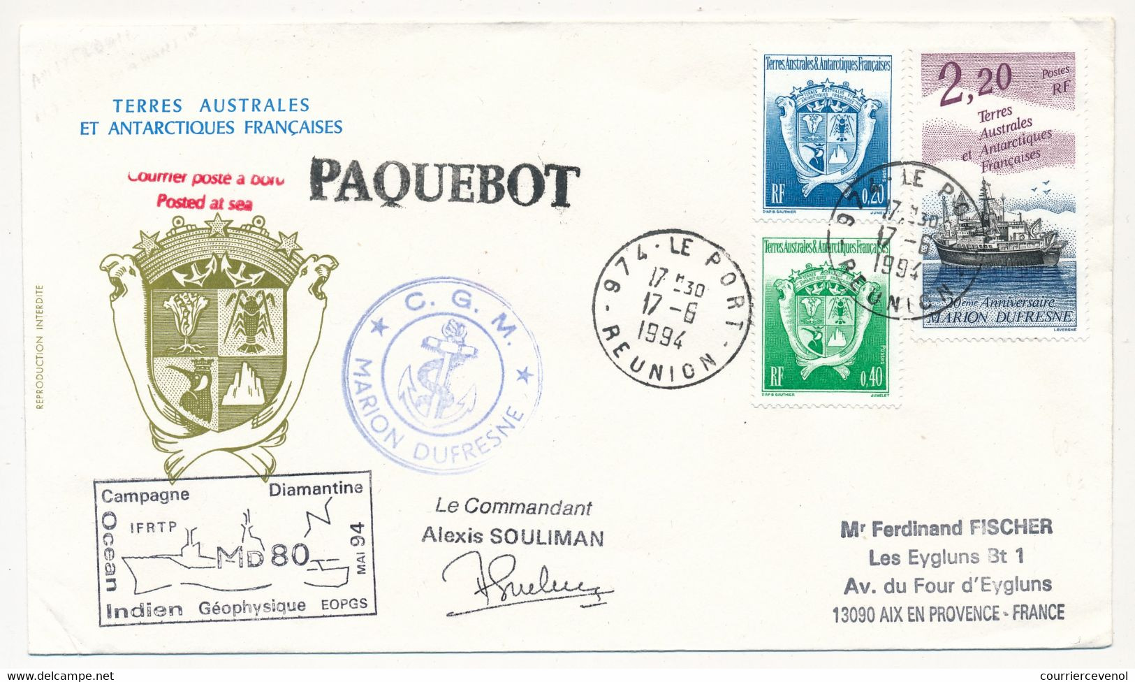 Affr Composé TAAF Oblit 974 LE PORT (Réunion) 17/6/1994 - Posté à Bord Du Marion Dufresne, Campagne Diamantine - Cartas & Documentos