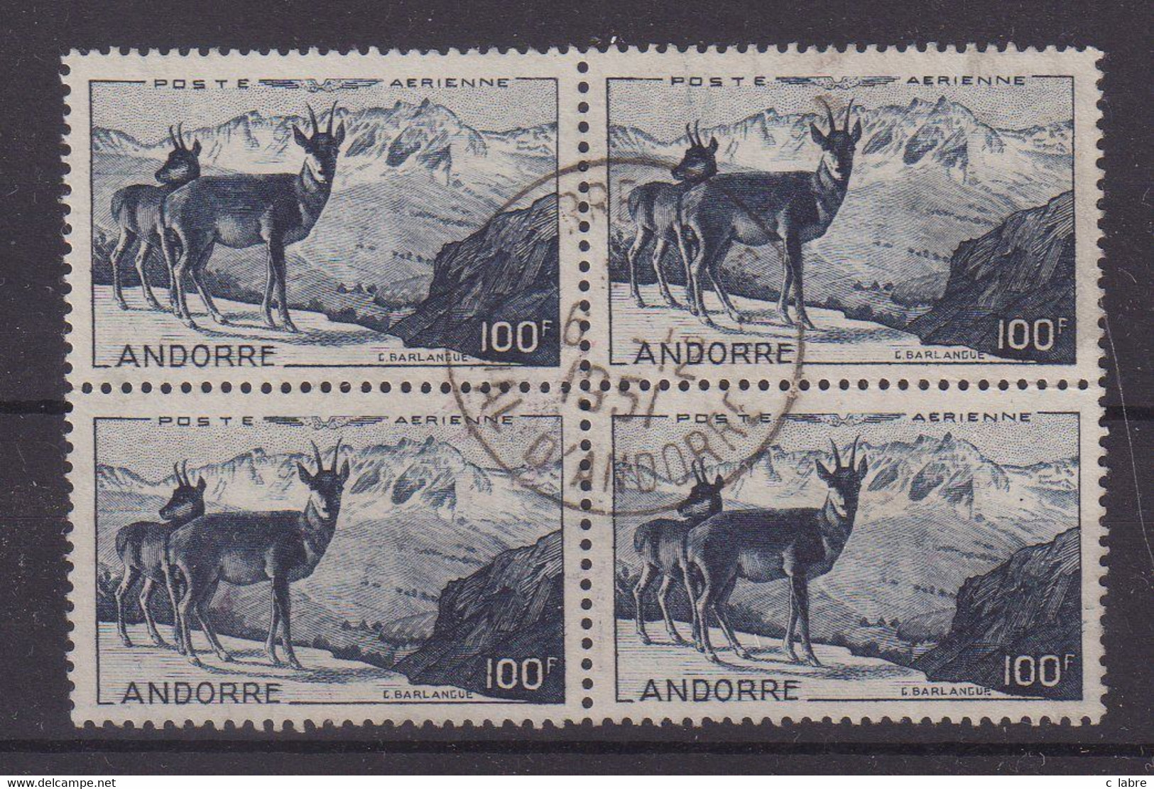 ANDORRE : PA . N° 1 . OBL . BLOC DE 4 . ( LEGERES FROISSURES ) . B . 1950 . - Airmail