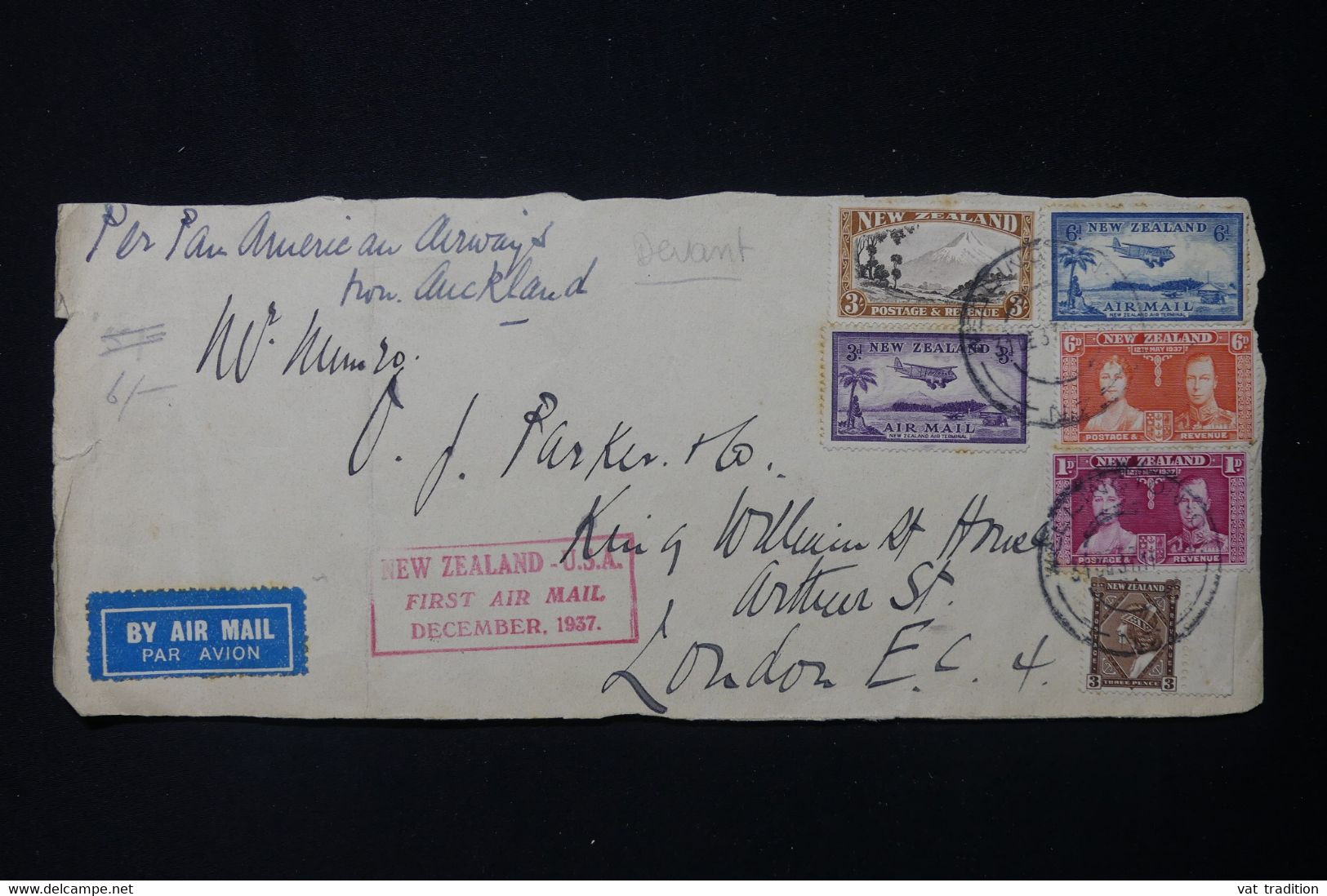 NOUVELLE ZÉLANDE - Devant D'enveloppe De Wellington Pour Londres Par 1er Vol Nouvelle Zélande / USA En 1937  - L 84111 - Storia Postale