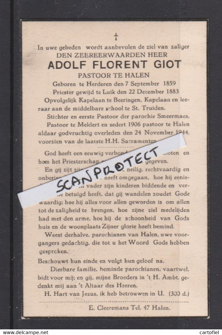 HALEN-HERDEREN-BERINGEN-SMEERMAAS-MELDERT-ST-TRUIDEN-FOTO-DOODSPRENTJE-PASTOOR-ADOLF FLORENT GIOT+24.11.44-ZIE 2 SCANS! - Halen