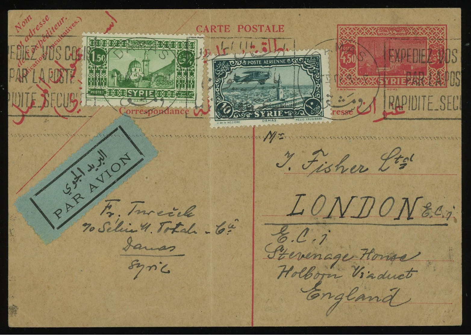 French Syria 1937 4.50p Carmine Post Card Sent By Air Mail To London, Up-rated With 1.50p + 10p, An Uncommon Card - Covers & Documents