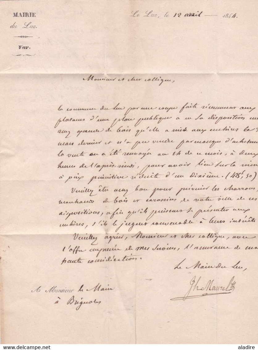 1844 - Cachet à date 14 sur Lettre avec correspondance en Port Payé de Le Luc, Var  vers Brignoles - cad arrivée