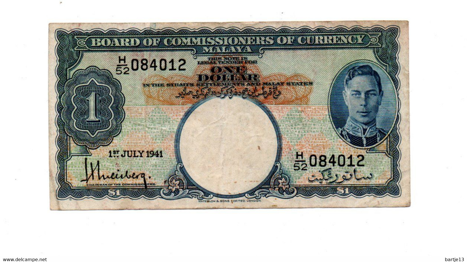 MALEISIE 1 DOLLAR 1 ST. JULY 1941 PORTRAIT KING GEORGE VI - Malesia