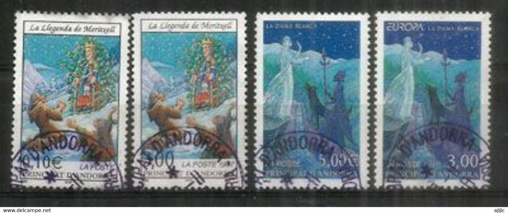 Les Contes (légendes) De Meritxell & De La Dame Blanche. 4 T-p Oblit. 1 ère Qualité, Diff.denominations FF & € Euro - Used Stamps