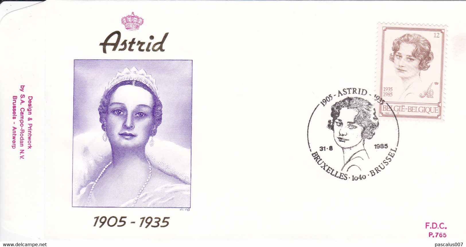 B01-259 - FDC P765  - Cob 2183 - Royal Dynastie S.M. La Reine Astrid En 1935 - 31-08-1985 Bruxelles 1040 Brussel - 1981-1990