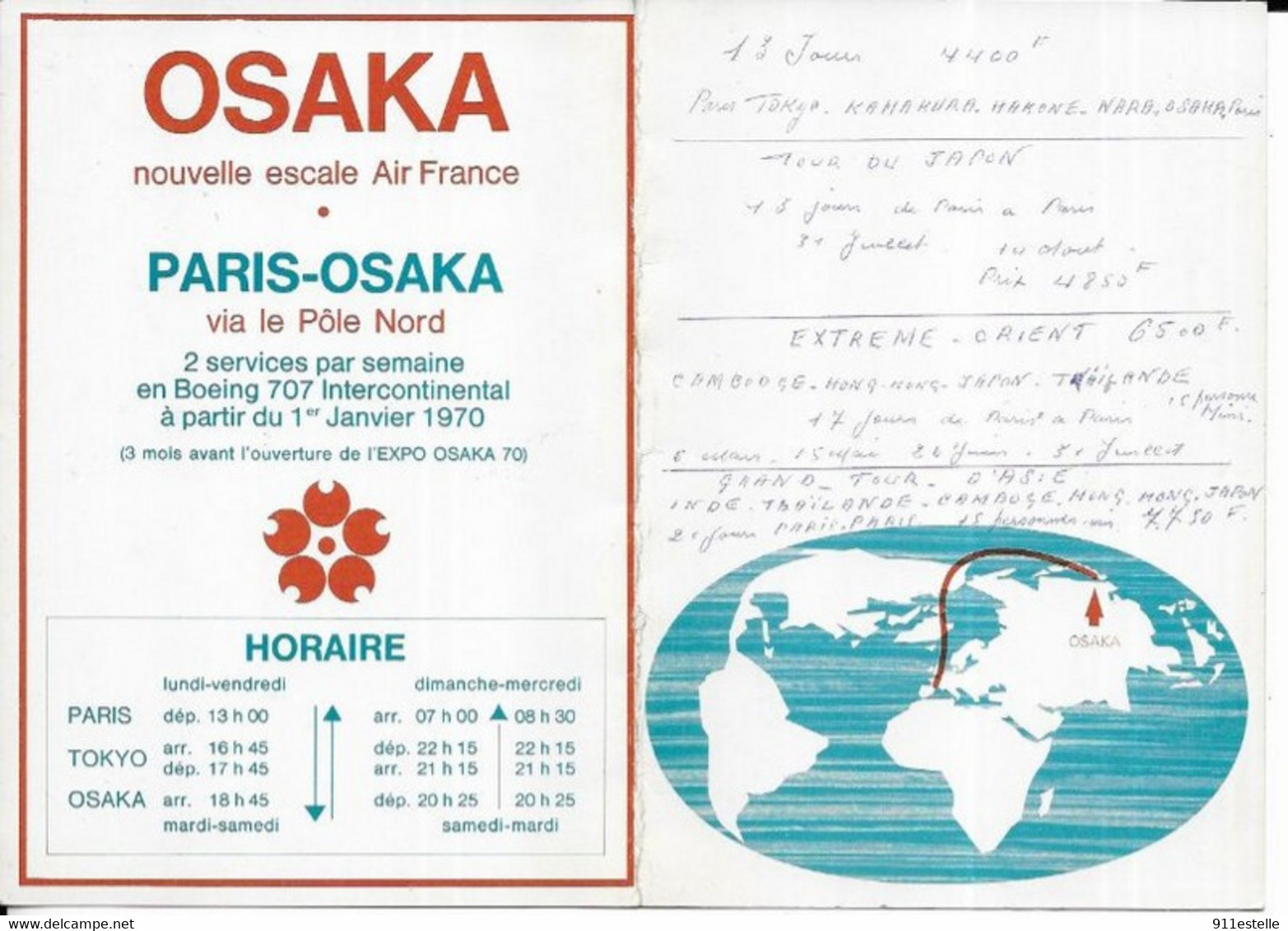 AIR FRANCE HORAIRE  .PARIS OSAKA  JANVIER 1970 - Biglietti