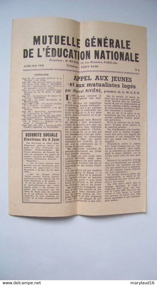 Bulletin Mutuelle Générale De L'éducation Nationale MGEN  N°6 Avril Mai 1950 - Medicina & Salud