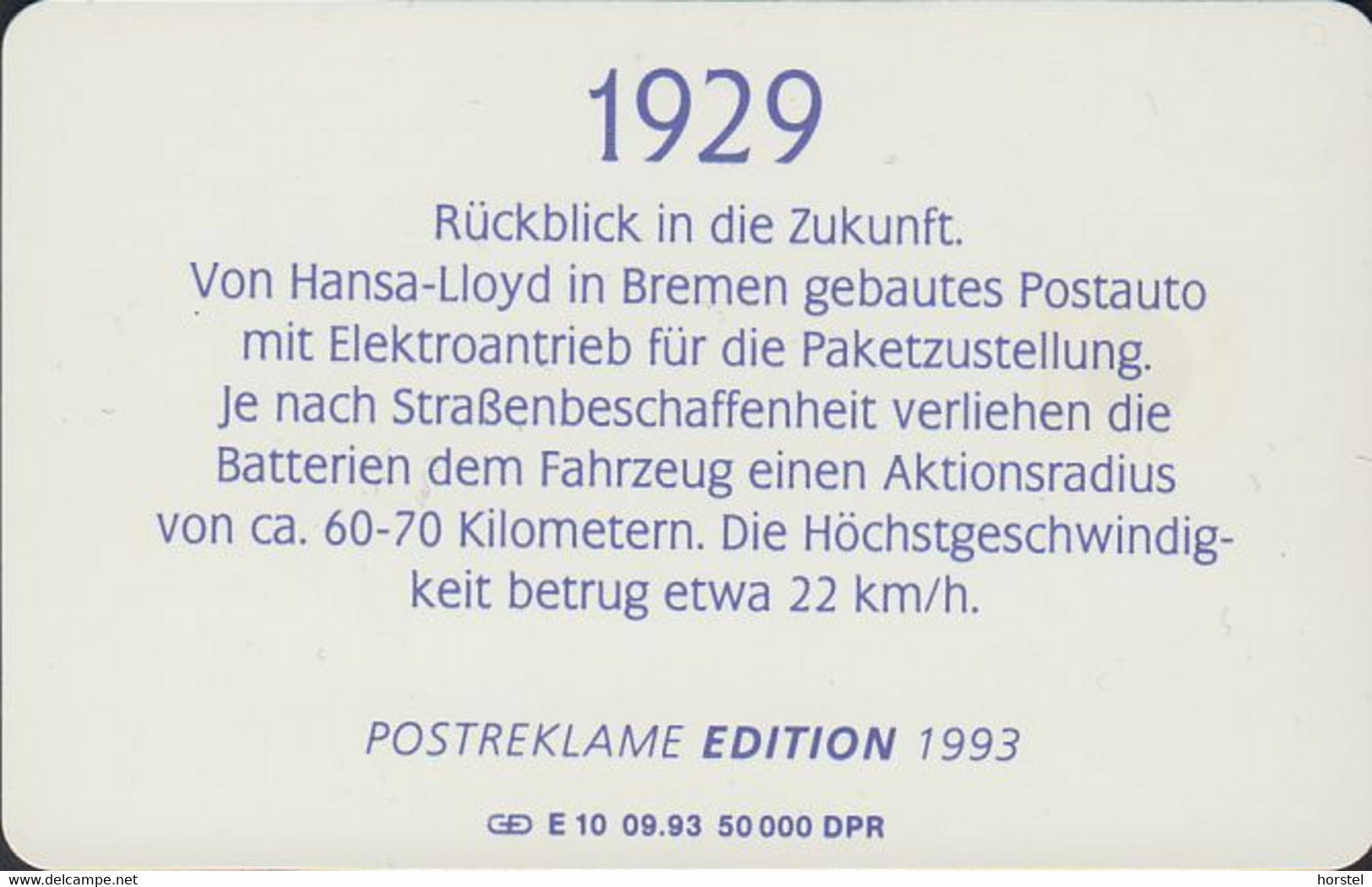 GERMANY E10/93 - 1929 Postauto Hansa-Lloyd - Elektromobil - E-Series: Editionsausgabe Der Dt. Postreklame