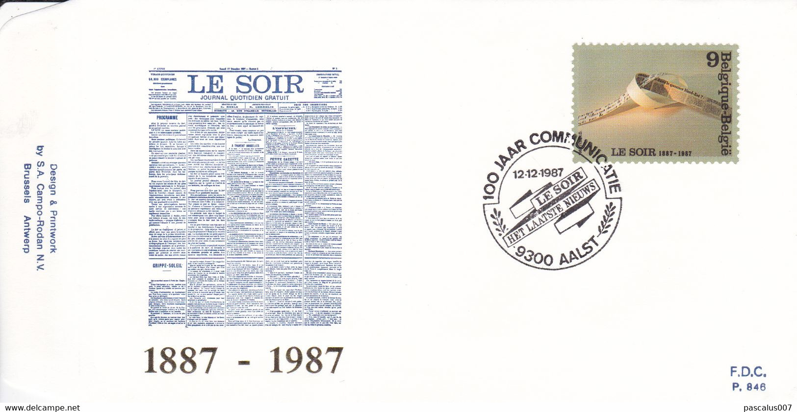 B01-259 2271 P846 FDC Journal Le Soir 12-12-1987 9300 Aalst - 1981-1990