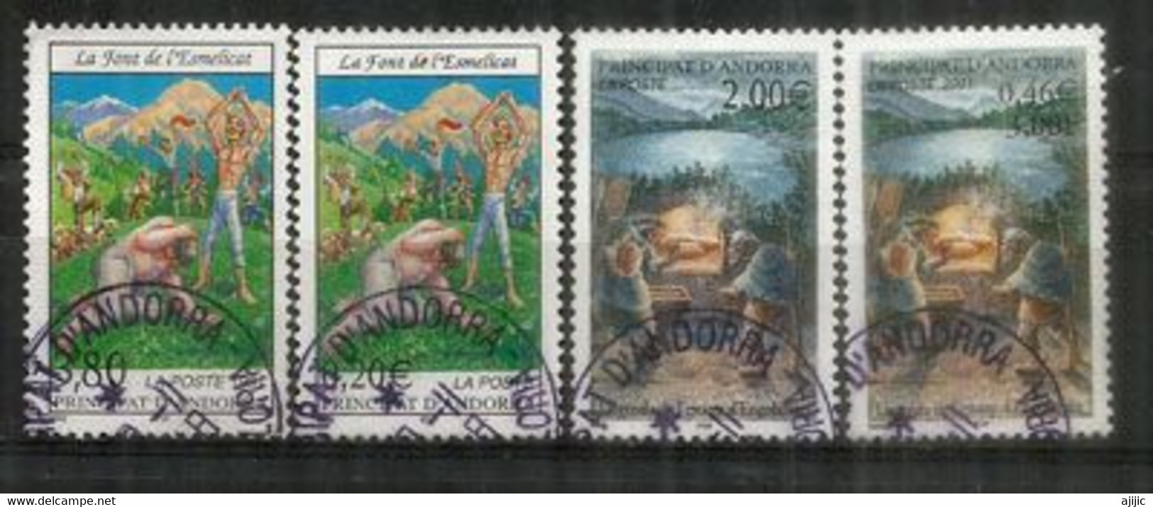 Les Contes:La Source De L'Esmelicat /Conte Du Lac Engolasters. 4 T-p Oblit. 1ère Qualité, Diff.denominations FF & € Euro - Used Stamps