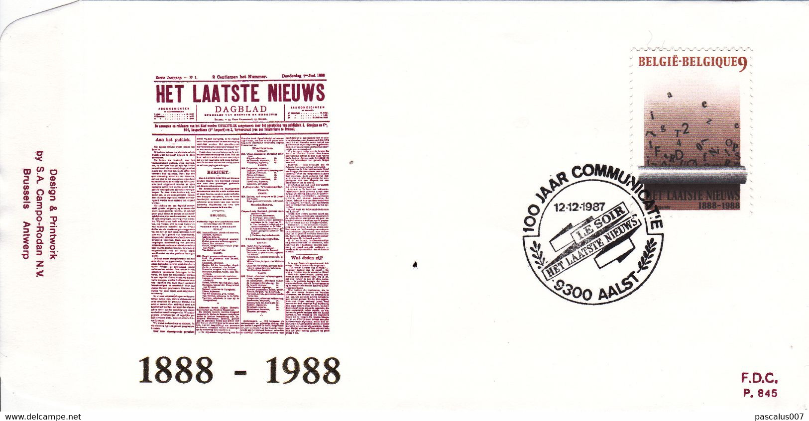 B01-259 2272  MET P845 FDC Journal Het Laatste Nieuws 12-12-1987 9300 Aalst - 1981-1990