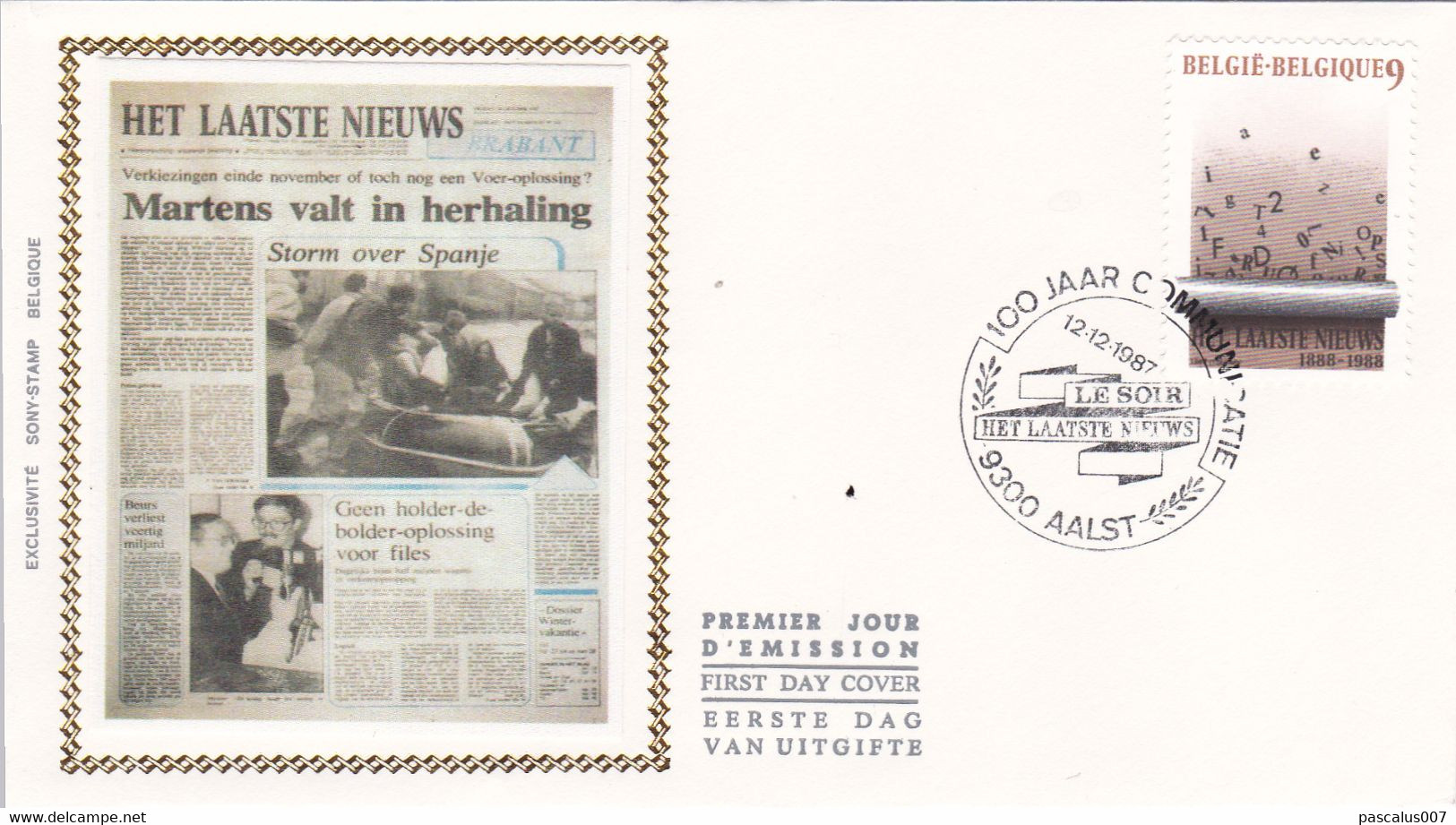 B01-259 2272  MET P845 FDC Soie Journal Het Laatste Nieuws 12-12-1987 9300 Aalst - 1981-1990