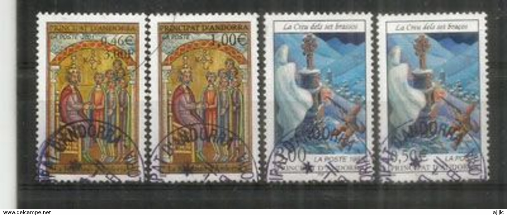Les Contes:La Croix Aux Sept Bras Et La Fondation D'Andorre.  4 T-p Oblit. 1 ère Qualité, Diff.denominations FF & € Euro - Used Stamps
