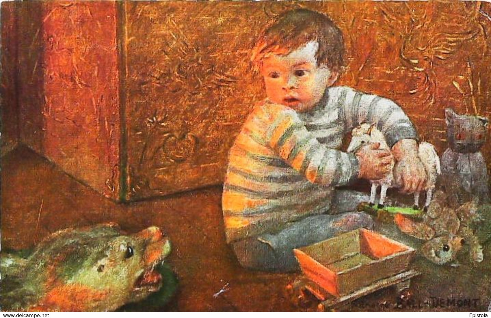 ► CPA Illustration   L'effroi Chien   Enfant  Wagon Petit Cheval Nounours - Jeux Et Jouets