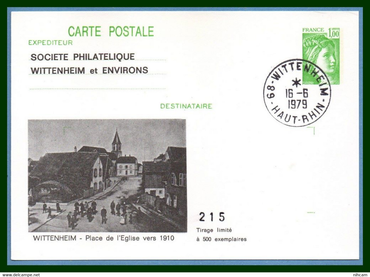 Entier Cp Repiqué WITTENHEIM 1979 Type A9 Place De L'Eglise Vers 1910 - Wittenheim