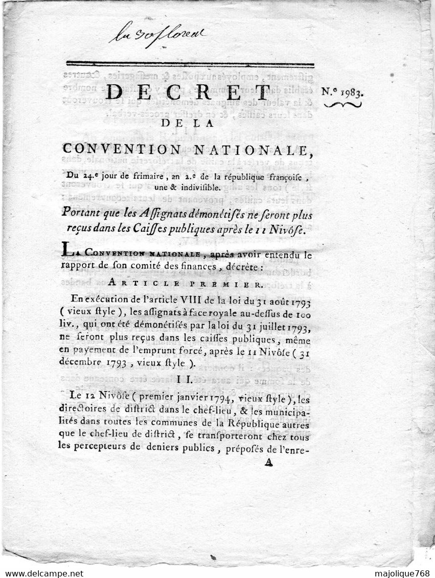 Decret De La Convention Nationale, Du 24e Jour De Frimaire De L'an 2 De La République Française Une & Indivisible . - Décrets & Lois