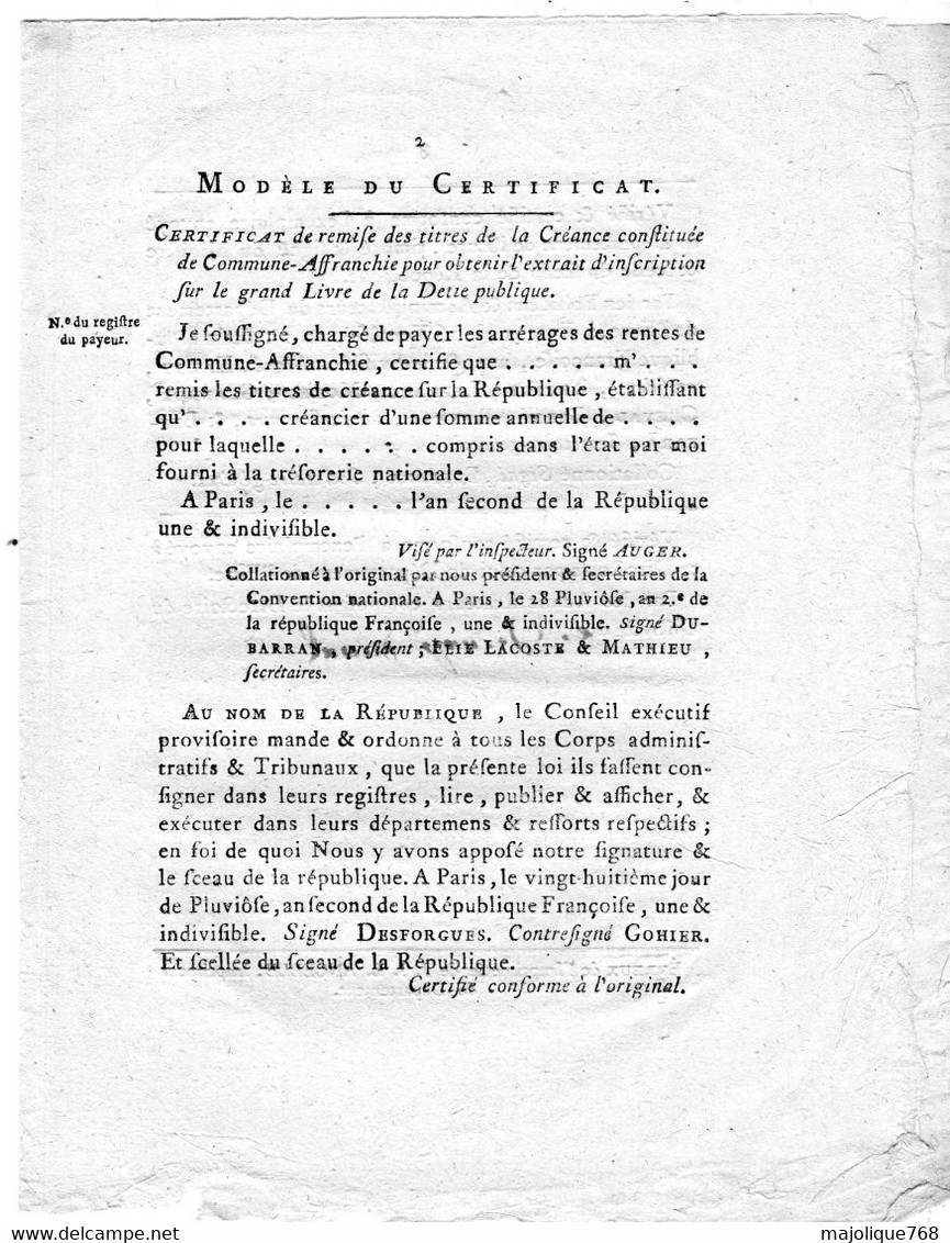 Decret de la convention nationale, du 22e jour de Pluviose de l'an 2 de la république Française une & indivisible .