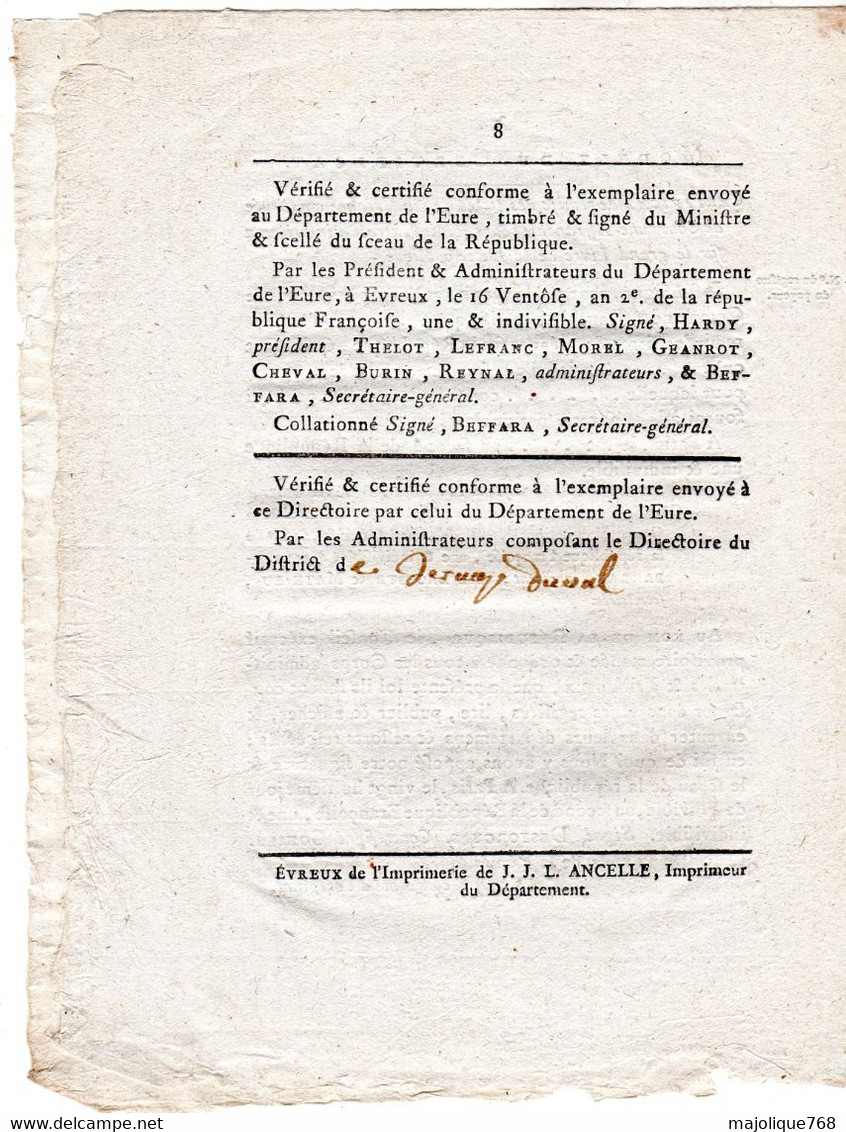 Decret de la convention nationale, du 22e jour de Pluviose de l'an 2 de la république Française une & indivisible .