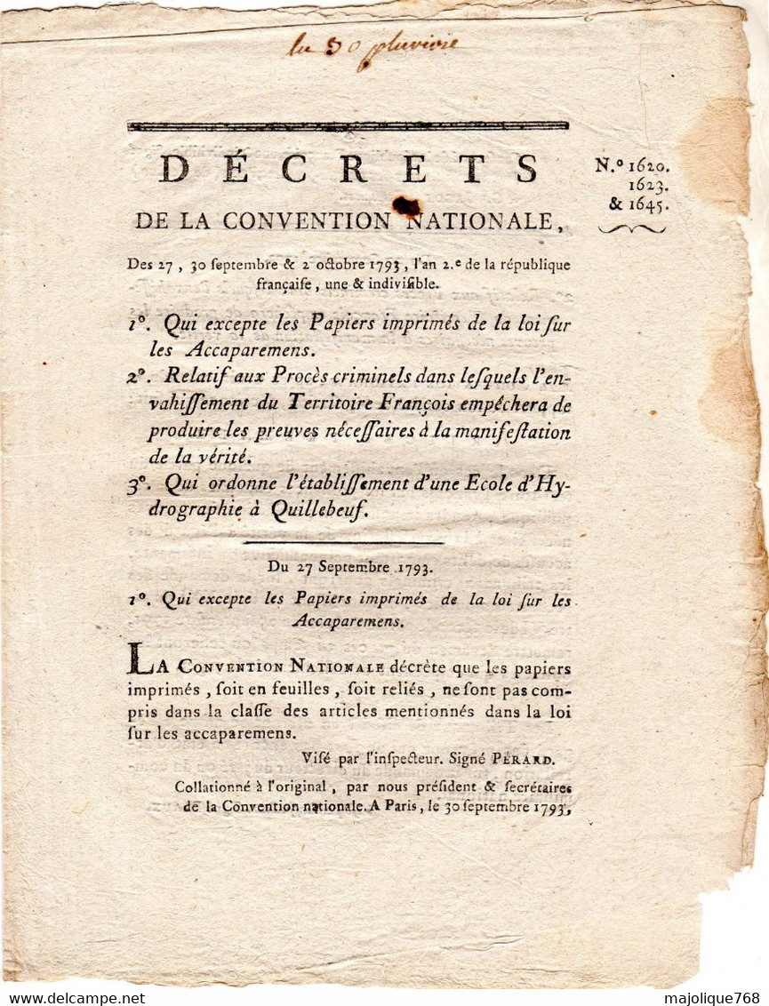 Decret De La Convention Nationale, Des 27,30 Septembre & 2 Octobre L'an 2 De La République Française Une & Indivisible . - Décrets & Lois