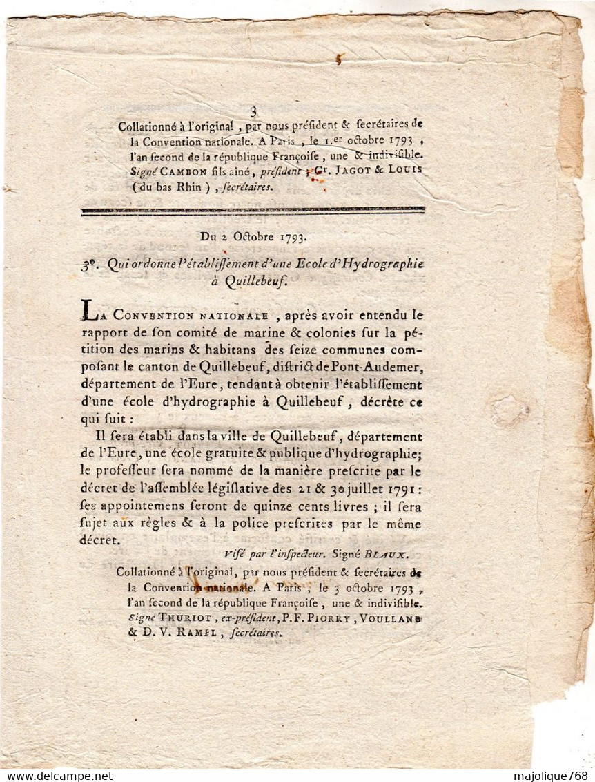 Decret De La Convention Nationale, Des 27,30 Septembre & 2 Octobre L'an 2 De La République Française Une & Indivisible . - Décrets & Lois