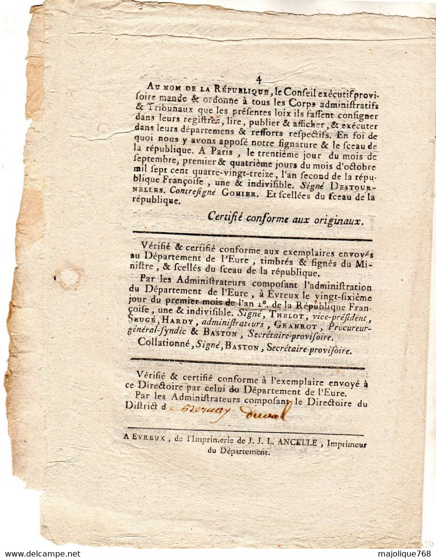 Decret De La Convention Nationale, Des 27,30 Septembre & 2 Octobre L'an 2 De La République Française Une & Indivisible . - Décrets & Lois