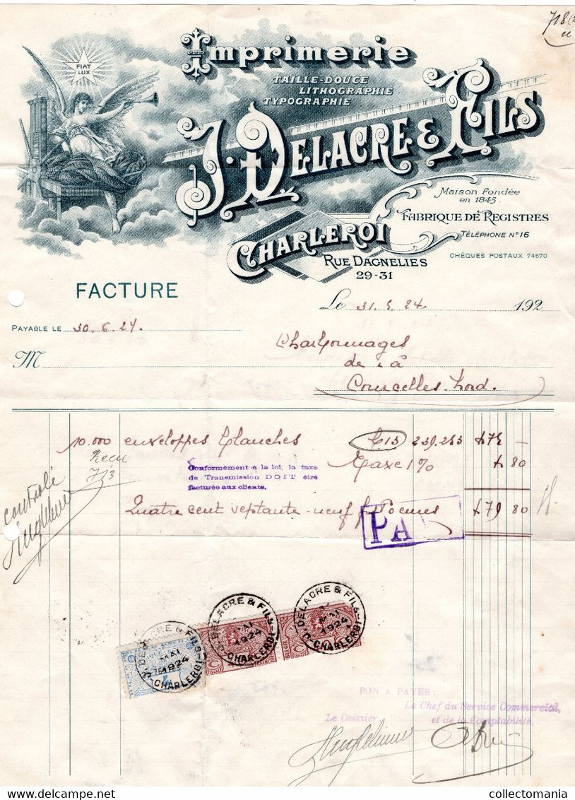 1 Facture Imprimerie Lithographie Typographie J.Delacre & Fils  CHARLEROI 1924 ​​​​​​​fabriek Fabrique Fabrik Ange Tromp - Drukkerij & Papieren