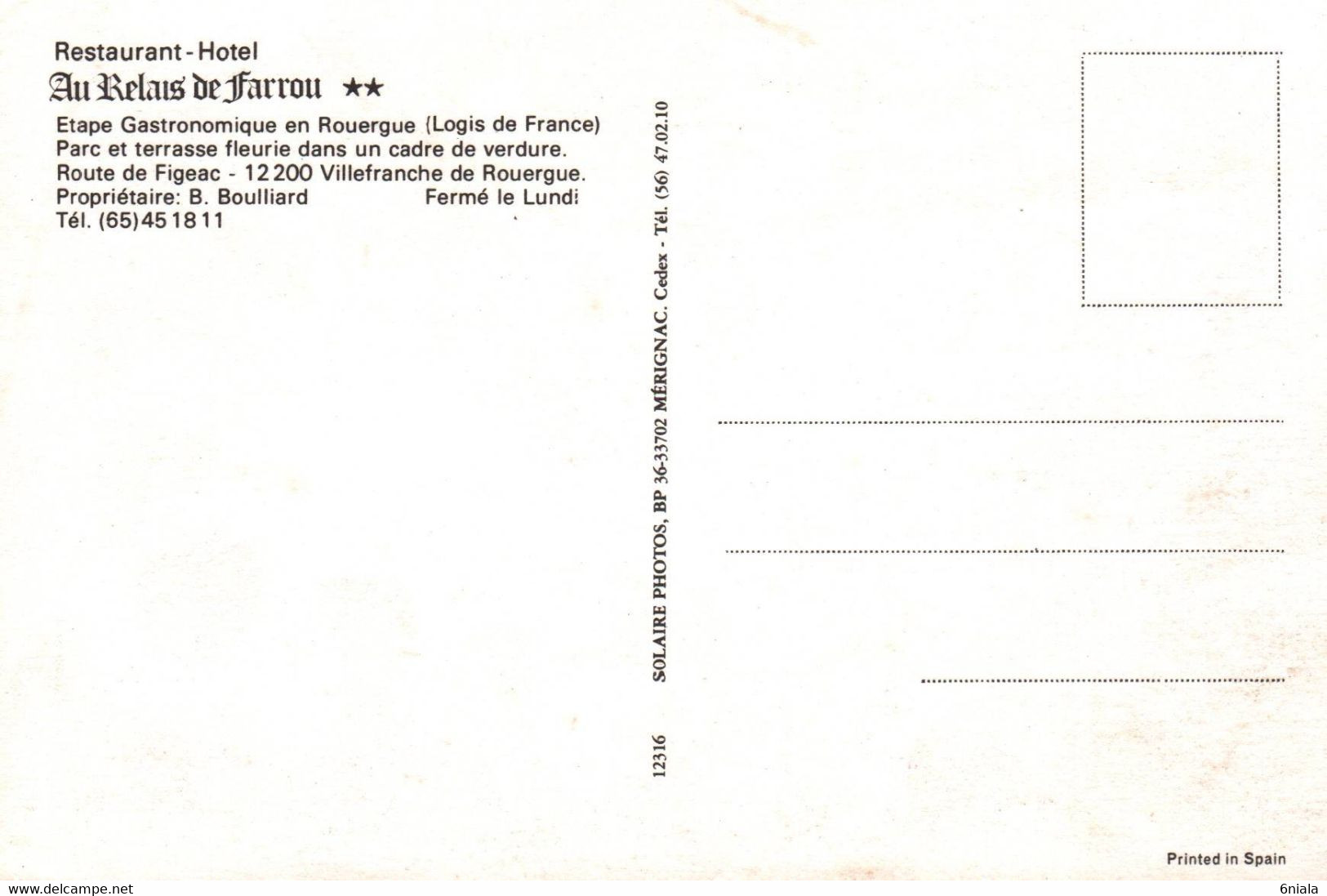 5744 Carte VILLEFRANCHE DE ROUERGUE Le Relais De Farrou Restaurant Propriétaire Boulliard ( Scan Recto Verso) 12 Aveyron - Villefranche De Rouergue