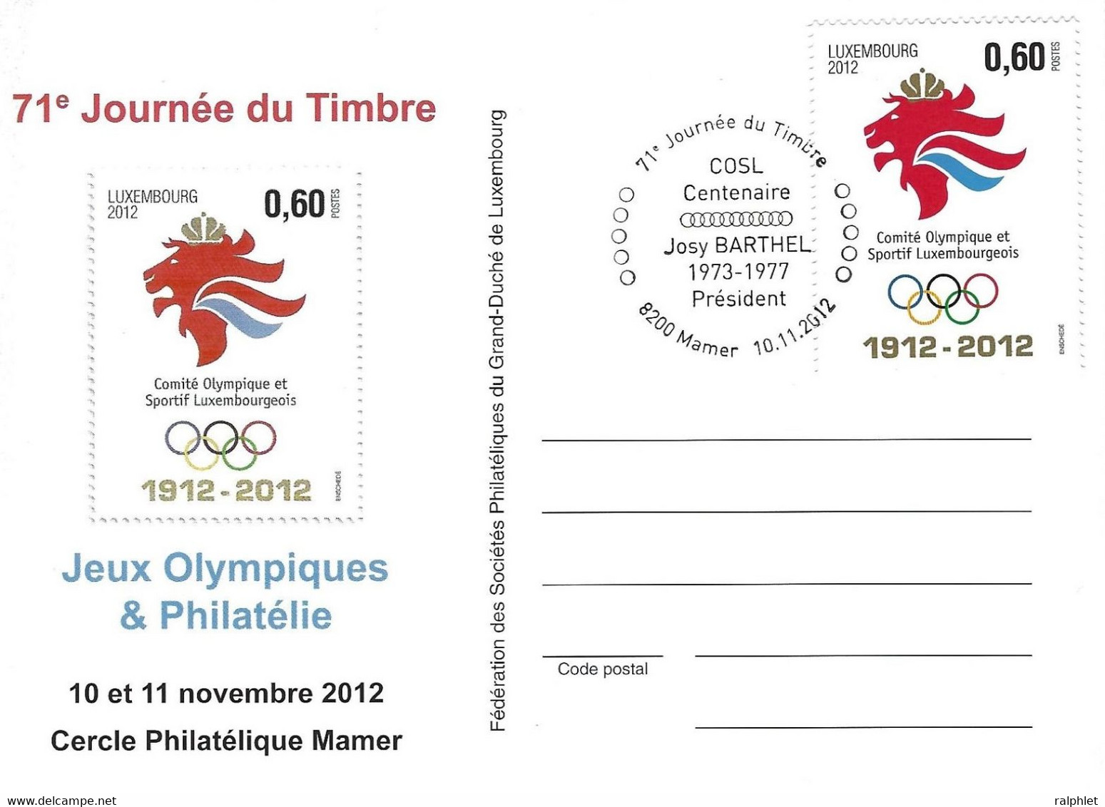 Luxembourg 2012 Mamer 100 Ans Comité Olympique Josy Barthel ¦ Anniversary Olympic Committee ¦ Jahre Olympische Komitee - Storia Postale